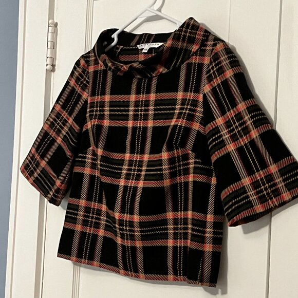 Trina Turk mock neck plaid blouse size XS 3/4 sleeve preppy dark academia fall - Picture 3 of 9